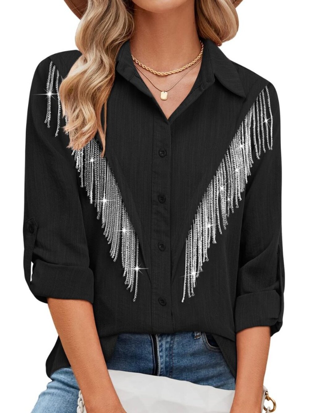 Womens Sparkly Fringe Shirt Western Cowgirl Country Concert Outfit